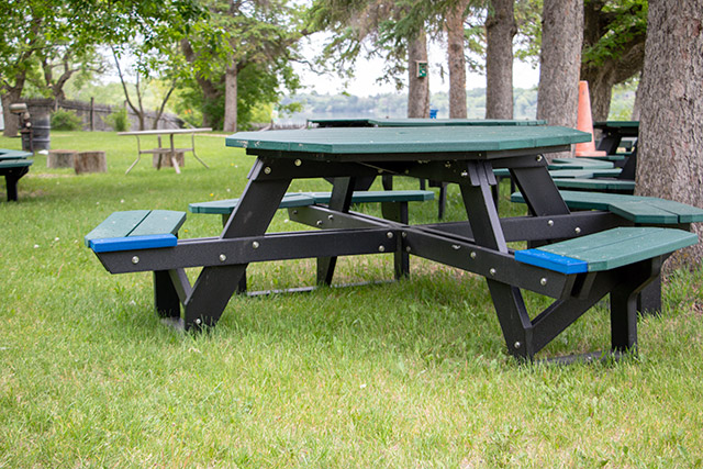 A hexagonally shaped picnic table with an opening for a wheelchair in one section. The table is sitting on grass.
