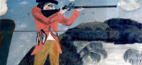 A painting done on wooden boards. A man firing a rifle at two birds with hilly terrain and a grove of trees in the background. 