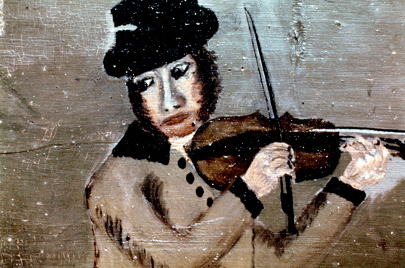 Peinture sur panneaux de bois représentant un homme coiffé d’un haut-de-forme, jouant du violon.