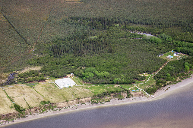 Aerial view of York Factory, showing the grounds of the post and its immediate surroundings.