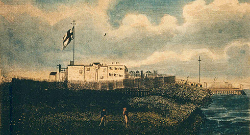A painting of a large white building with a white flag with a thick blue cross. There are small buildings in the background and a dock to the right of the painting.