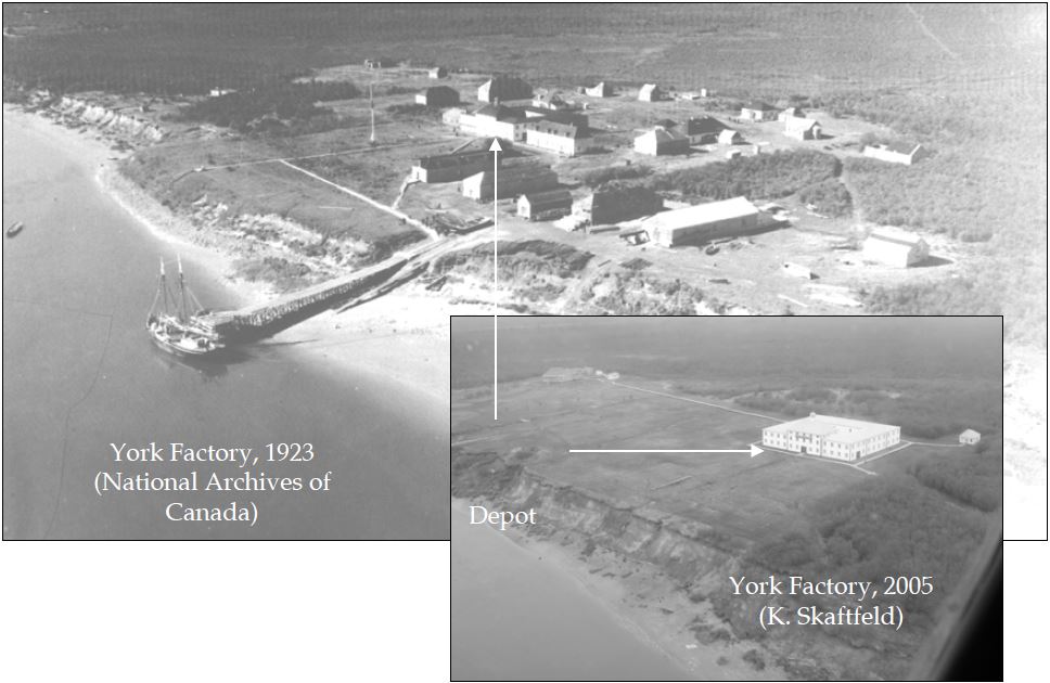 A large photo shows the York Factory site as it stood in 1923, with several buildings and a pier leading to a ship. An inset photo shows the York Factory site in 2005, with only four buildings and no pier. Arrows point to the depot building in both photos.