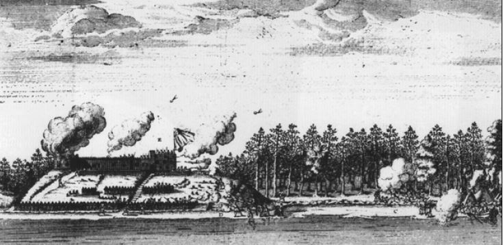 An illustration of a fort with smoke billowing in three places.