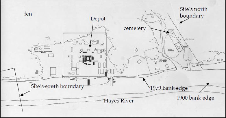 A simple aerial site map of York Factory. The Hayes River is shown at the bottom of the map. The south boundary is identified toward the left of the map and the north boundary to the right. The depot is identified toward the left of the map amongst the old buildings that no longer exist. A cemetery is identified near the northern boundary. Arrows denote the bank edge in 1900 and 1979 to indicate the erosion.