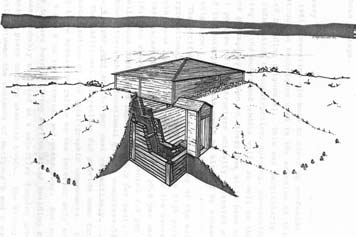 Illustration d’un grand bâtiment en bois situé au sommet d’une colline; un escalier et une petite pièce sont construits sur le flanc de la colline.