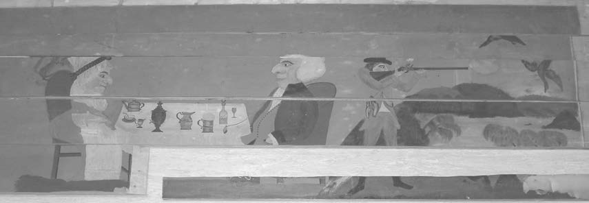 A painting done on wooden boards. At left is a woman and man in traditional clothing sitting at a table with a tea set on the table. At right is a man firing a rifle at two birds with hilly terrain and a grove of trees in the background.