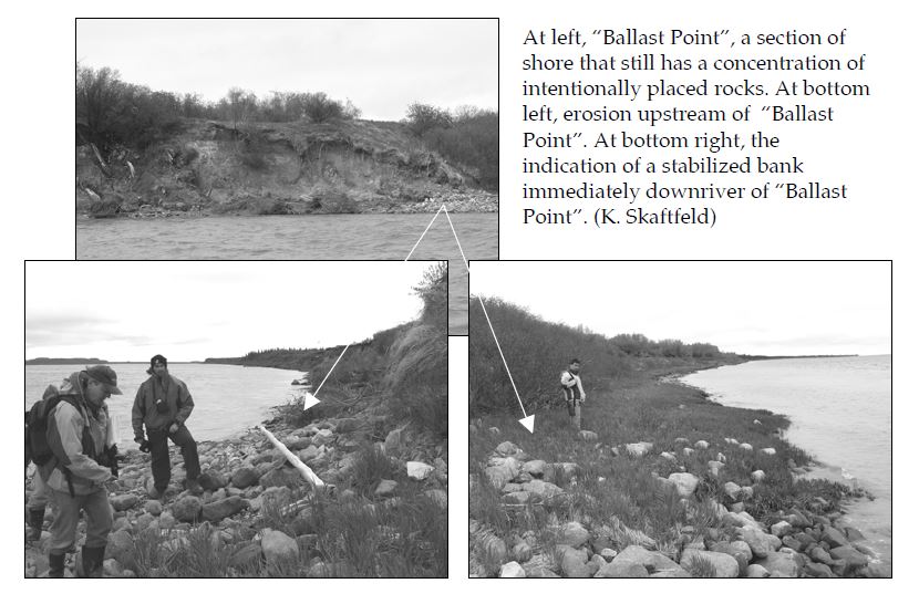 A steep riverbank sloping to a small rocky landing. Two arrows from the landing point to photos below. The first photo shows two people standing on rocks with a river in the background. The second photo shows a person standing on a grassy portion of the riverbank with a rocky section in front.