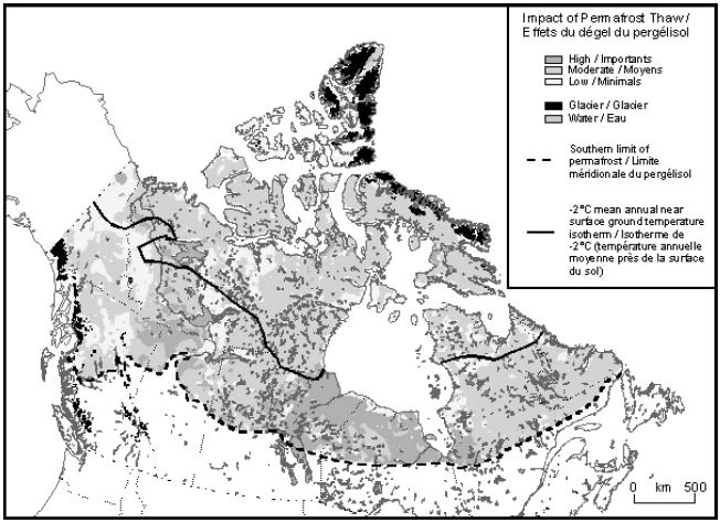 A map of Canada indicating the impact of permafrost thaw. 