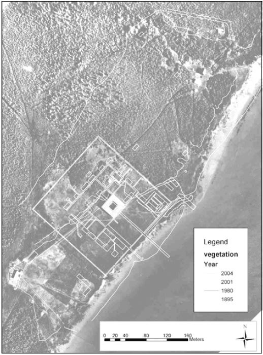 An aerial view of the York Factory site indicating the effects of vegetation clearing in 1895, 1980, 2001 and 2004.