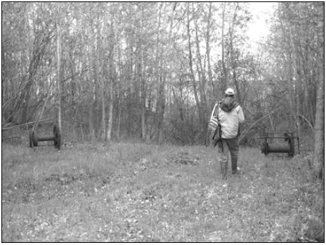 Une personne s’enfonce dans la forêt, tournant le dos à l’appareil photo. Deux treuils métalliques se trouvent vers le milieu de chaque côté de l’image.