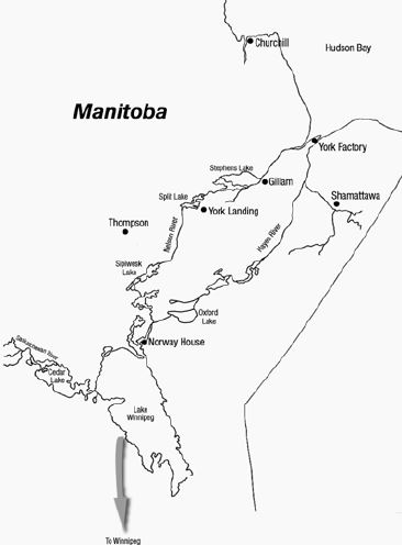 A map of northern Manitoba with towns and bodies of water identified.