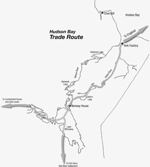 A map of northern Manitoba illustrating the Hudson Bay Trade Route.