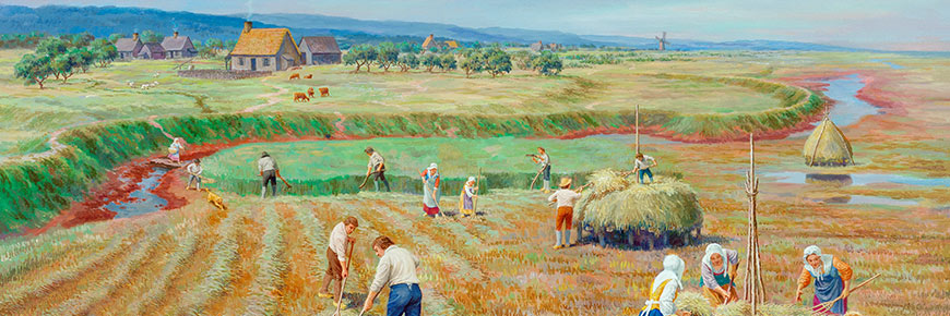 Une peinture représentant des colons acadiens dans un champ