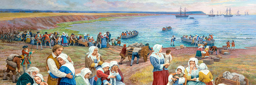 Une peinture représentant la déportation où des familles attendent l'embarquement à bord de bateaux