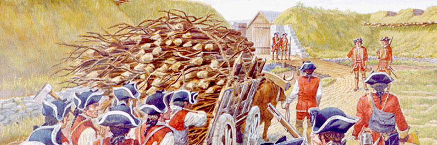 Une peinture représentant des soldats anglais apportant une cargaison de bois à l'intérieur du fort