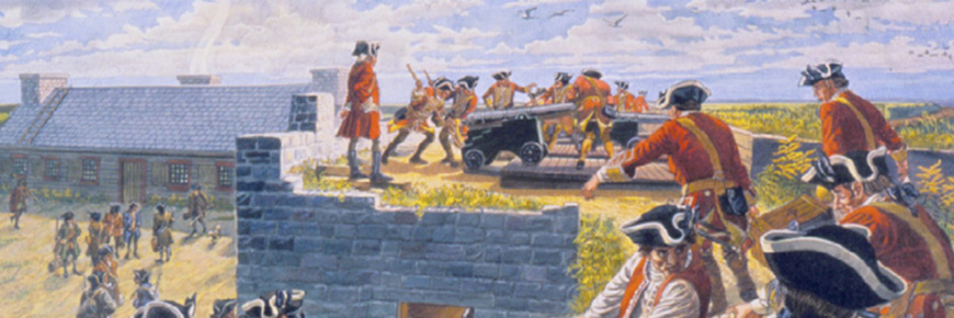 Une peinture représentant des soldats anglais bougeant des canons sur les murs du fort
