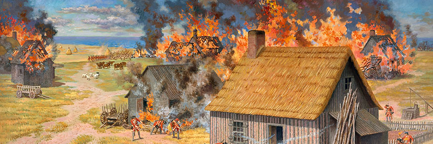 A painting depicting soldiers burning the houses of a village