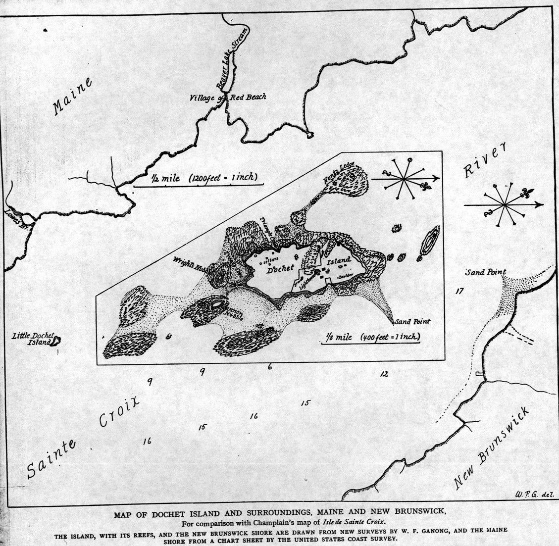 Dessin de l'Île-Sainte-Croix, autrefois connu sous une variété de nom tel qu'« Île Dochet », avec ses récifs et les berges du Nouveau-Brunswick selon les plans faits par W. F. Ganong et les berges du Maine selon les chartes utilisées par le United States Coast Survey.