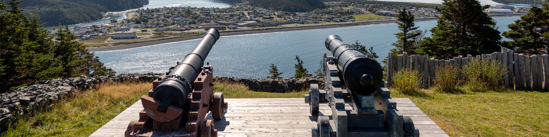 two historic cannons overlooking a coastal town