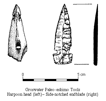 Groswater Paleoeskimo tools, (left) Harpoon head, (right) Side-notched endblade