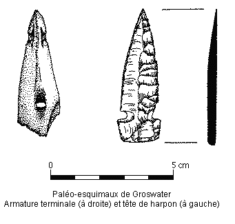 Paléo-esquimaux de Gros water, (à droite) Armature terminale, (à gauche) Tête de harpon