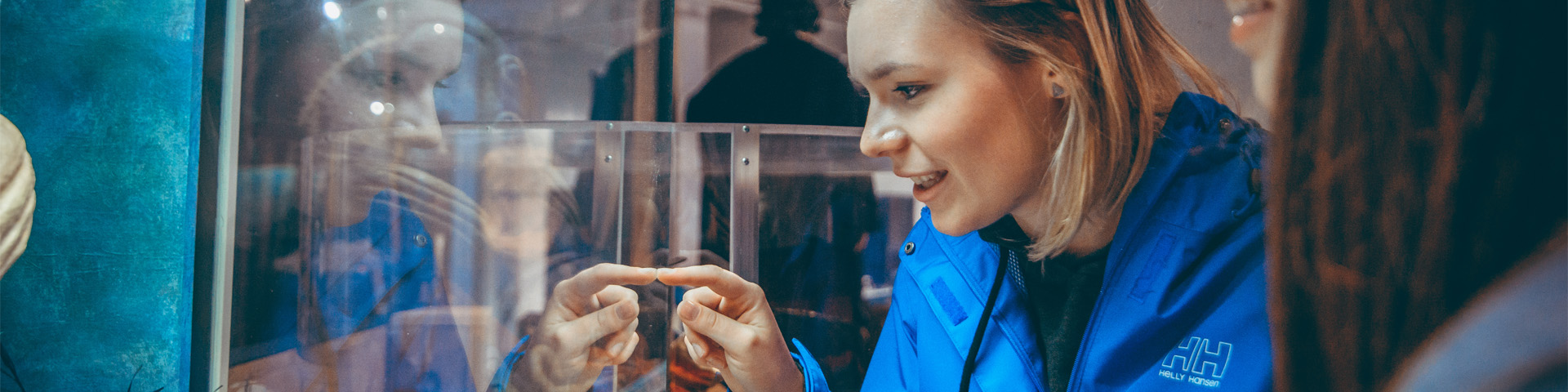 Deux individus regardent attentivement une exposition en verre. L'un d'eux pointe du doigt quelque chose dans l'exposition.