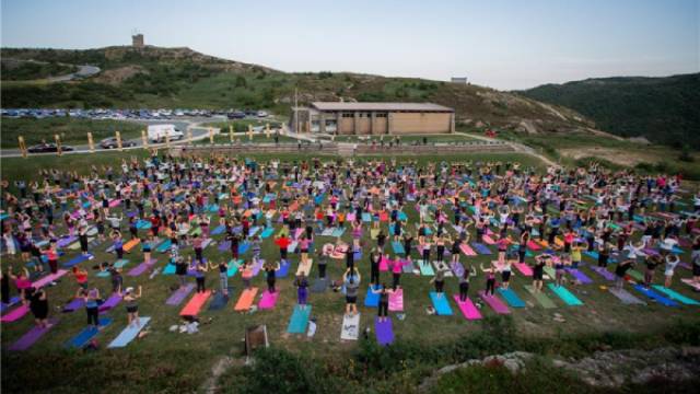 une pelouse devant un bâtiment, remplie de personnes faisant du yoga sur des tapis de yoga