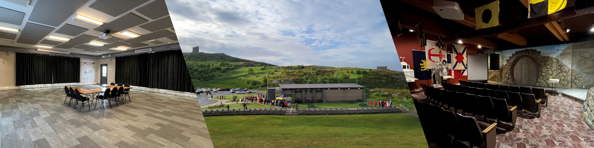 Une bannière présentant trois images différentes, dont une photo d’une grande salle d’événements, une autre d’un terrain herbeux avec des gradins à l’extérieur d’un bâtiment, et une troisième d’une salle de théâtre.