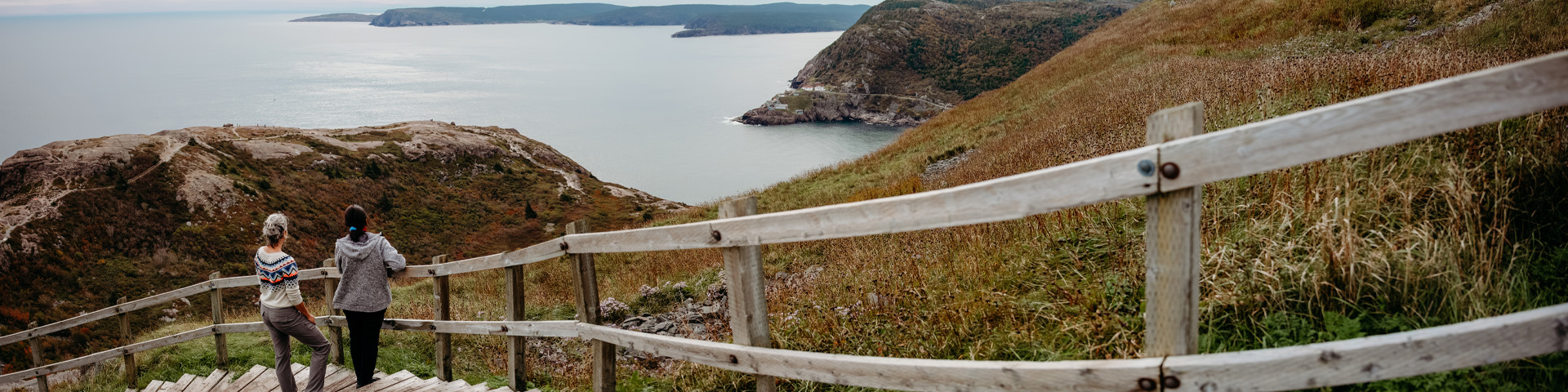 two individuals standing on wooden steps overlooking a coastal trail