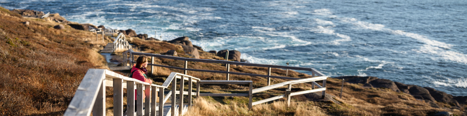 a person standing on a wooden staircase overlooking the ocean.