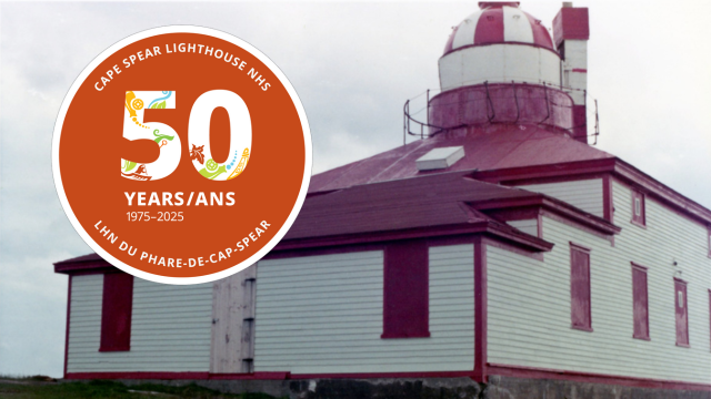 A wooden lighthouse building is seen in an archival photo with washed out colour and over it is a circle that reads 50 Years Cape Spear Lighthouse NHS 1975-2025.
