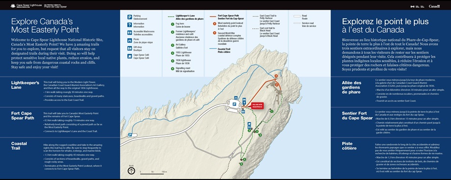 A map with basic detail that shows the route of three paths available to be walked with descriptions. The map also shows where facilities are such as parking, gift shop, and washrooms. Une carte avec des détails de base qui montre l'itinéraire de trois sentiers disponibles à parcourir avec des descriptions. La carte montre également où se trouvent les installations telles que le stationnement, la boutique de cadeaux et les toilettes.