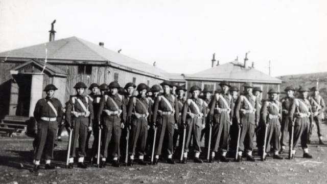 A black and white image of soldiers at Cape Spear during the second world war