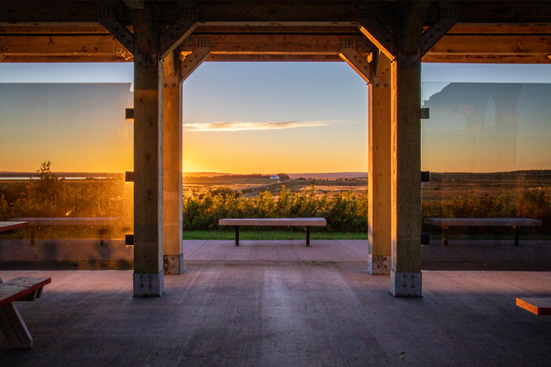 The view of the Chignecto Istmus from inside the picnic shelter, at sunset.