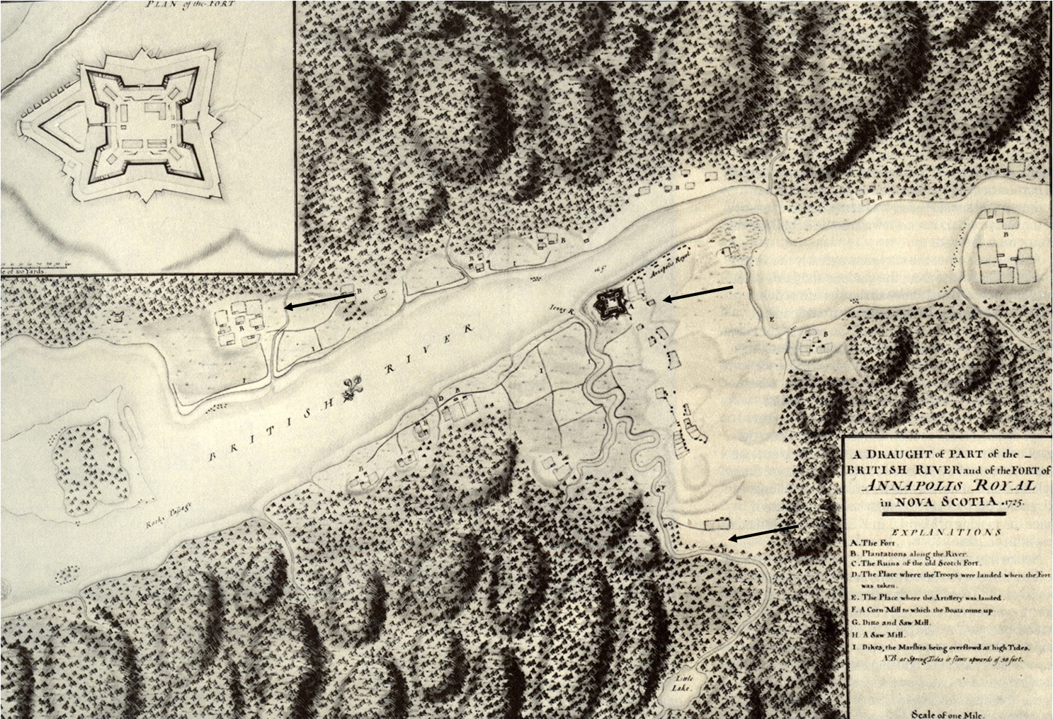 An historical hand drawn black and white map showing the area where the fort is located.