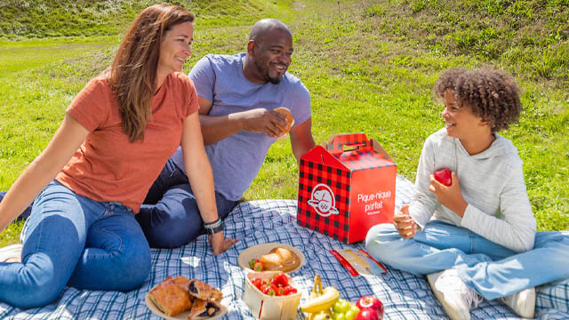 A family sitting on a blanket enjoying a picnic.