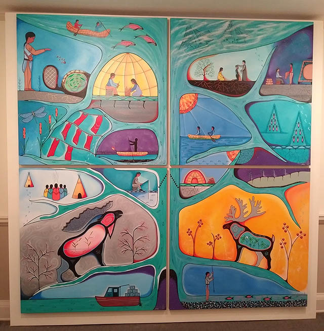 The four sections of the colourful painting.