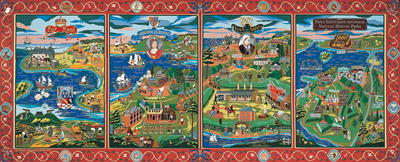 Quatre panneaux de la très colorée Tapisserie historique du Fort-Anne montrant l’histoire complexe de la région.