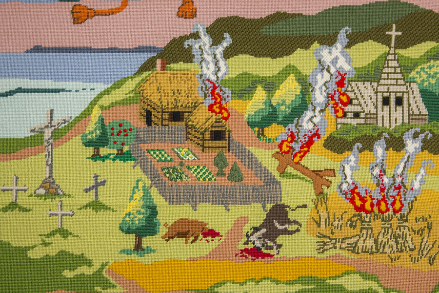 An Acadian settlement being destroyed by fire.