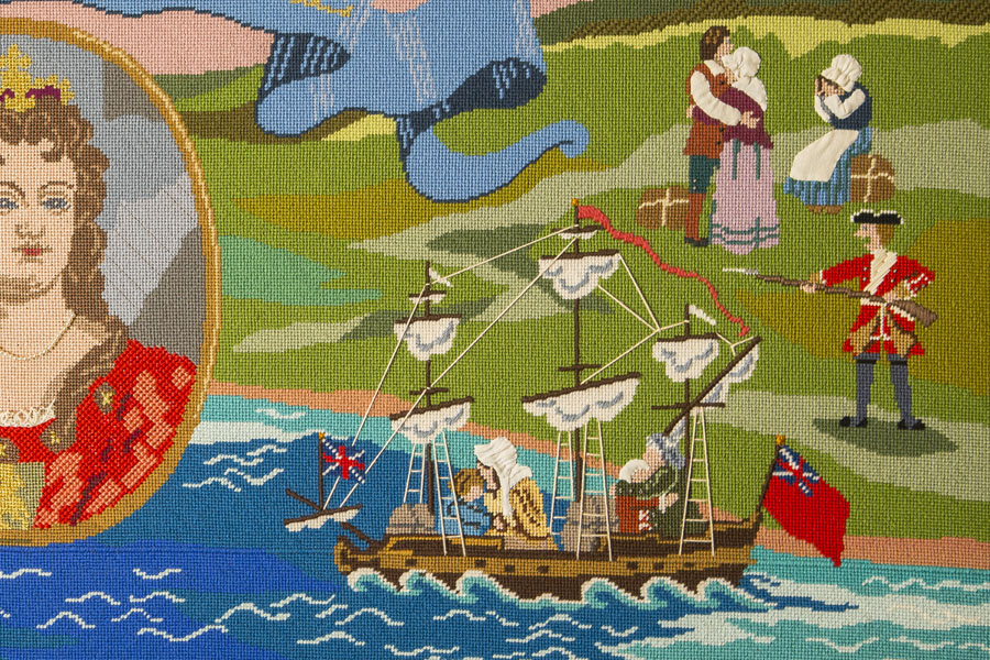 Soldiers directing people onto a ship during the Great Upheaval, when the early British forcibly deported Acadian settlers.