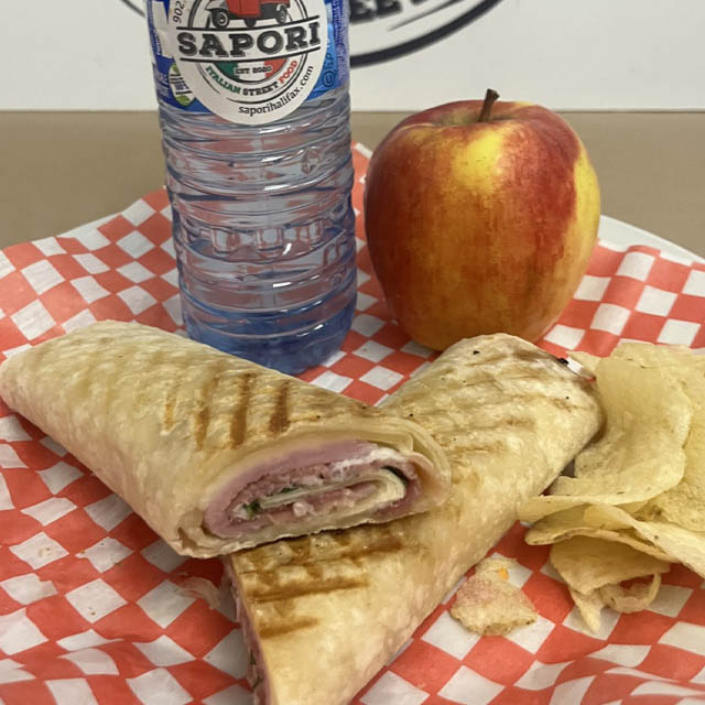 Wrap, water, apple, chips.