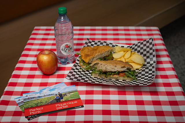 Panini, water, apple and chips.