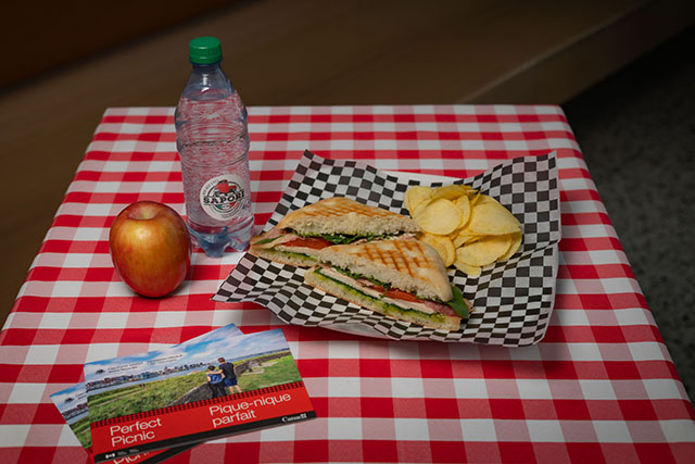 Panini, water, apple and chips.