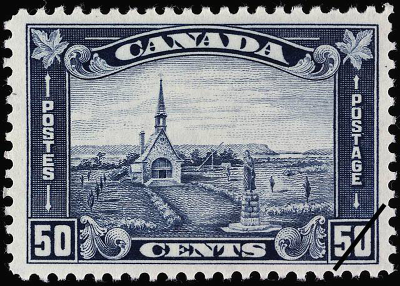 An old postage stamp depicting the Memorial Church and the statue of Evangeline