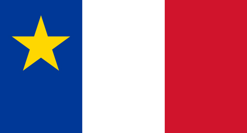 A flag made of three sections: blue, white and red. With a yellow five point star in the top region of the blue section.