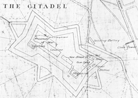 Carte de la citadelle d’Halifax montrant l’enceinte barbelée à l’intérieur de laquelle étaient détenus les prisonniers de guerre, 1916