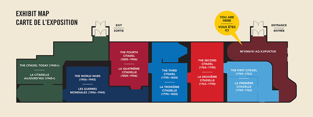 The map shows themes of each room of the exhibit.