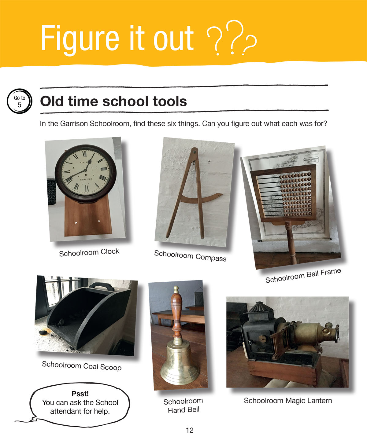 Photographs of the six things to learn about in the schoolroom.