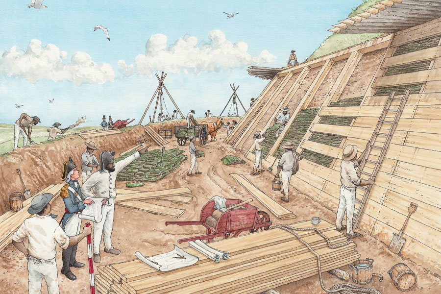 A painting showcasing Maroons constructing the Third Citadel using wood and earth.