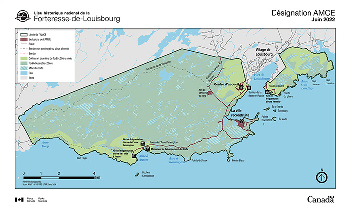 Une carte en couleur avec une légende qui décrit les différentes régions de Louisbourg et la nouvelle zone de conservation